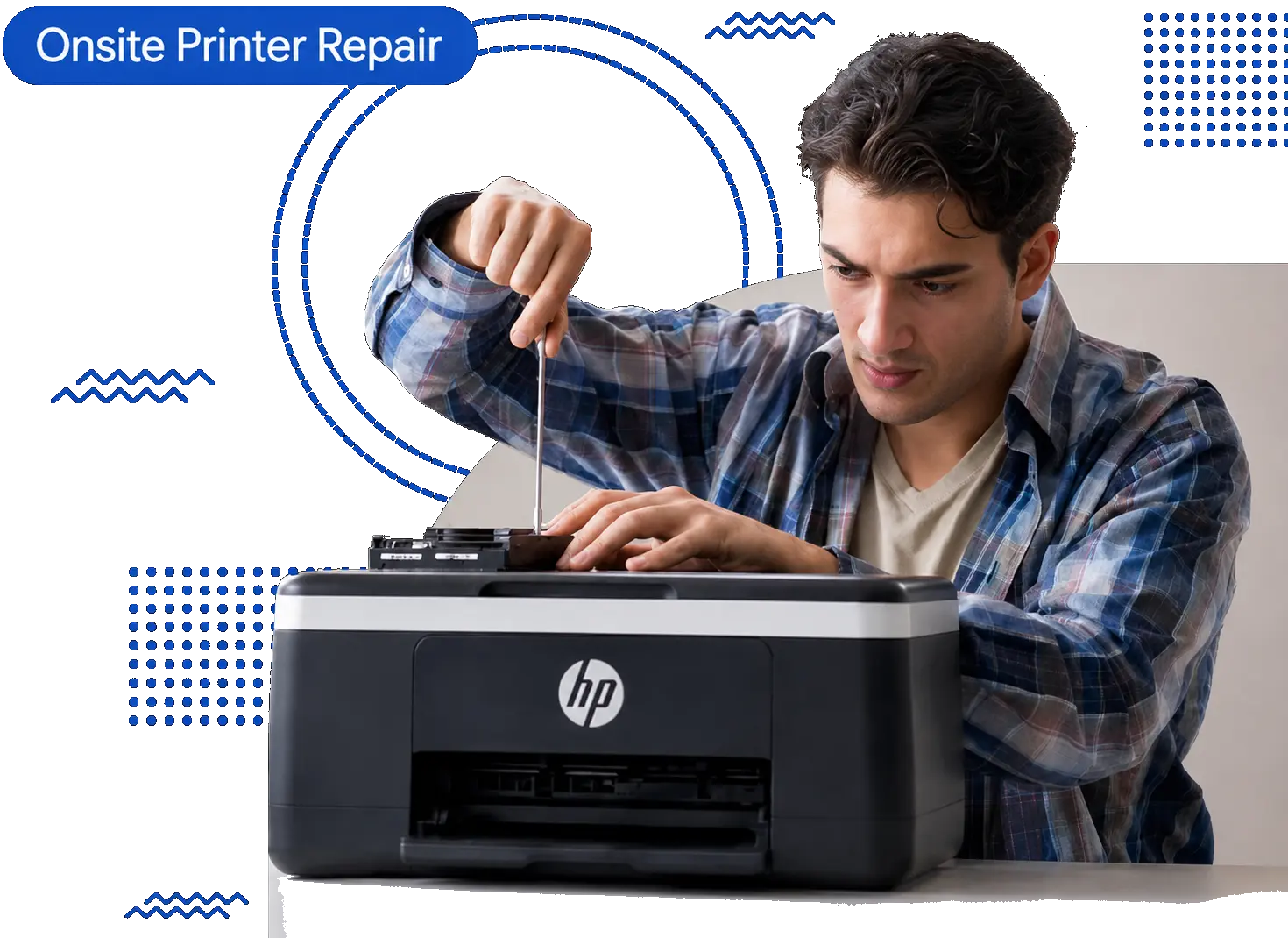 Technician repairing an HP printer on-site